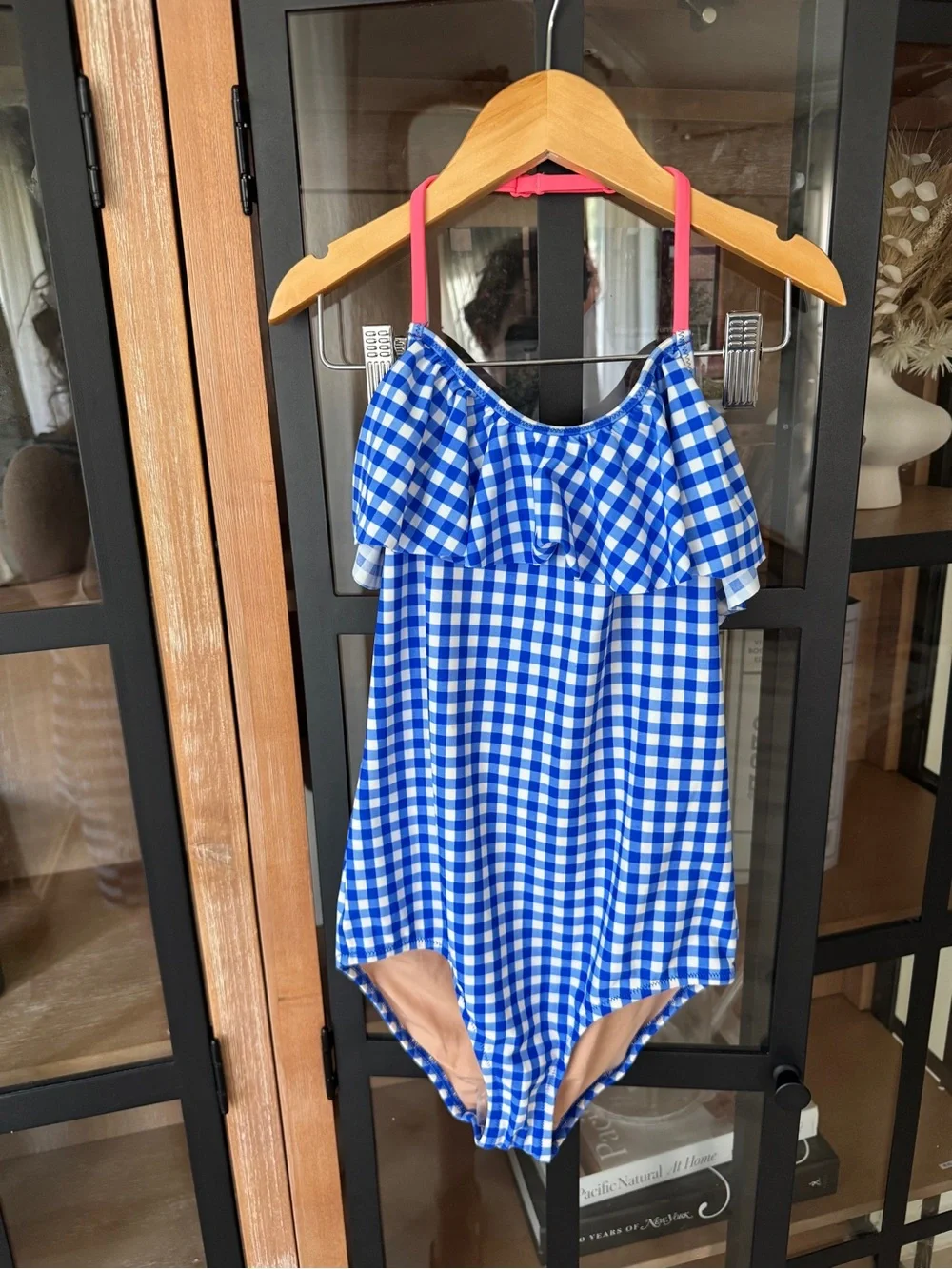 Crewcuts gingham one piece swimsuit cobalt royal blue halter ruffle girls check